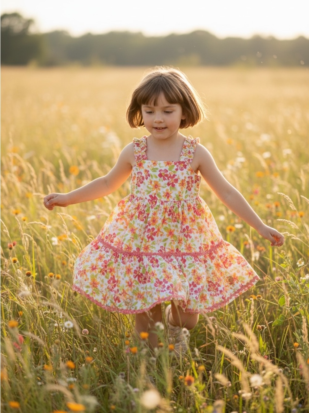 Sigrid Olsen Girls' Floral Ruffle-Strap Dress in Pink & Yellow